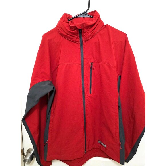 REI Men's Red & Gray Softshell Jacket With Hood Full-Zip Front Chest Pocket Size - Picture 2 of 10
